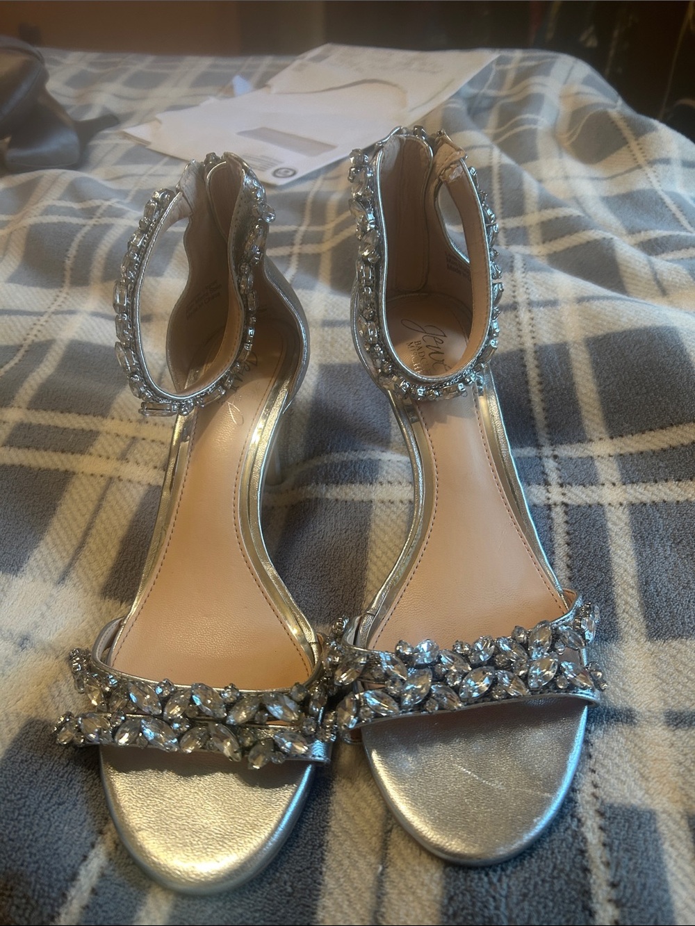 Silver Jeweled Ankle-Strap Heels for Women Bartley Mischa size 6 1/2